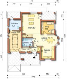 Projekt domu Amelia - rzut parteru, dom liczy 5 pokoje, 2 łazienki i wc