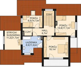 Projekt domu APS 076 - rzut poddasza, dom liczy 4 pokoje, 2 łazienki i wc