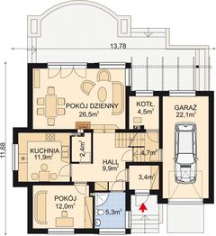 Projekt domu APS 080 - rzut parteru, dom liczy 4 pokoje, 2 łazienki i wc