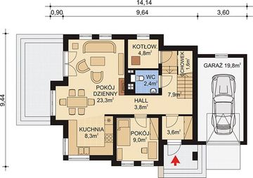 Projekt domu APS 228 - rzut parteru, dom liczy 4 pokoje, 2 łazienki i wc