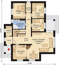 Projekt domu APS 002 - rzut parteru, dom liczy 3 pokoje, 1 łazienki i wc