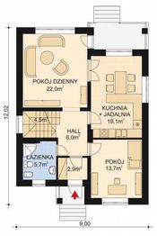 Projekt domu APS 007 - rzut parteru, dom liczy 4 pokoje, 2 łazienki i wc