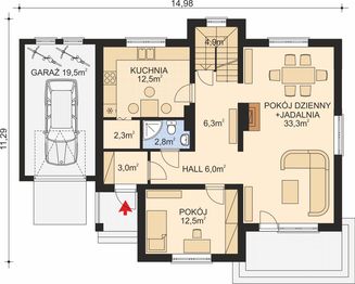 Projekt domu APS 038 - rzut parteru, dom liczy 5 pokoje, 2 łazienki i wc