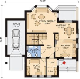 Projekt domu APS 062 - rzut parteru, dom liczy 5 pokoje, 2 łazienki i wc