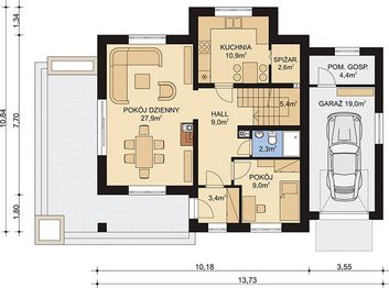 Projekt domu APS 004 + G - rzut parteru, dom liczy 4 pokoje, 2 łazienki i wc