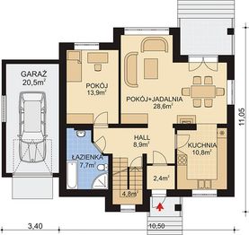 Projekt domu APS 008 + G - rzut parteru, dom liczy 5 pokoje, 2 łazienki i wc