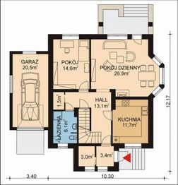 Projekt domu APS 009 + G - rzut parteru, dom liczy 4 pokoje, 2 łazienki i wc