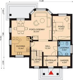 Projekt domu APS 159 - rzut parteru, dom liczy 4 pokoje, 2 łazienki i wc