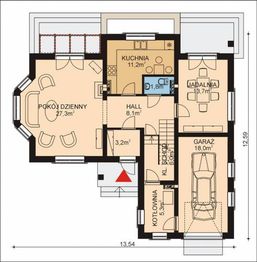 Projekt domu APS 129 - rzut parteru, dom liczy 2 pokoje, 3 łazienki i wc