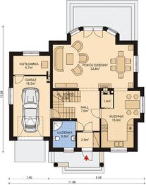 Projekt domu APS 172 - rzut parteru, dom liczy 3 pokoje, 2 łazienki i wc