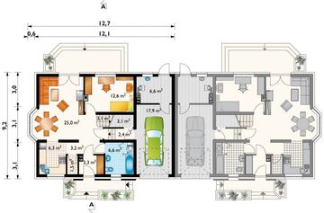 Projekt domu Zoja Lux Duo - murowana – beton komórkowy - rzut parteru, dom liczy 5 pokoje, 3 łazienki i wc