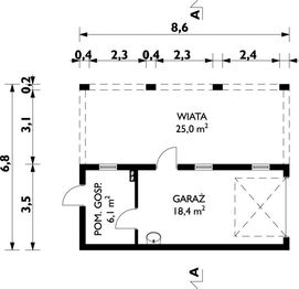 Rzut parteru projektu - Garaż 34 - murowana – beton komórkowy