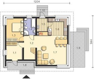 Projekt domu Tivoli II DCP305a - rzut parteru, dom liczy 3 pokoje, 2 łazienki i wc