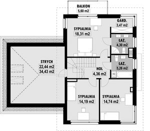 Projekt domu E-125 - rzut 1 piętra, dom liczy 3 pokoje, 3 łazienki i wc
