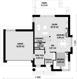 Projekt domu E-125 - rzut parteru, dom liczy 3 pokoje, 3 łazienki i wc