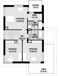 Projekt domu E-109 - rzut 1 piętra, dom liczy 3 pokoje, 3 łazienki i wc