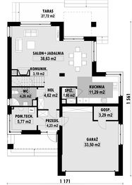 Projekt domu E-109 - rzut parteru, dom liczy 3 pokoje, 3 łazienki i wc