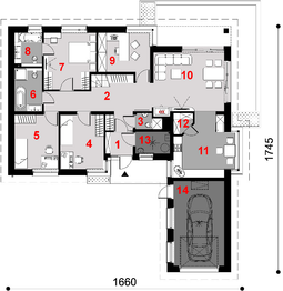 Projekt domu D152B - rzut parteru, dom liczy 4 pokoje, 3 łazienki i wc