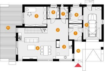 Projekt domu Wiktor - rzut parteru, dom liczy 5 pokoje, 2 łazienki i wc