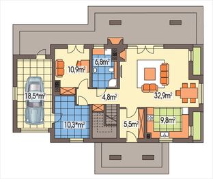 Parter projektu - Aston 2 wersja AP pojedynczy garaż z boku i piwnica paliwo stałe