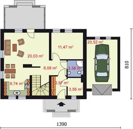 Projekt domu Marea - rzut parteru, dom liczy 4 pokoje, 2 łazienki i wc