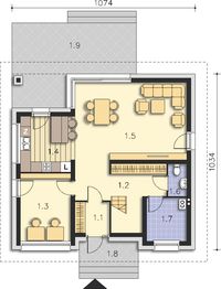 Projekt domu Meribel DCP327 - rzut parteru, dom liczy 4 pokoje, 2 łazienki i wc