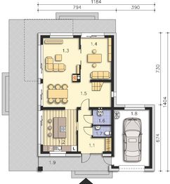 Projekt domu Bergamo DCP343 - rzut parteru, dom liczy 4 pokoje, 2 łazienki i wc