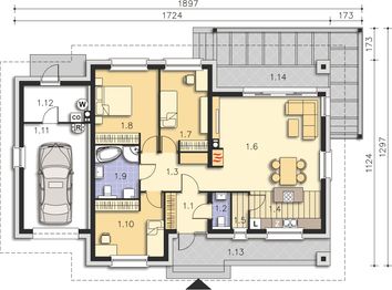 Projekt domu Denver DCB112 - rzut parteru, dom liczy 3 pokoje, 2 łazienki i wc