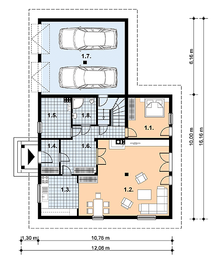 Projekt domu L-78 Dom lisia - z bali - rzut parteru, dom liczy 4 pokoje, 3 łazienki i wc