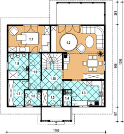 Projekt domu A-127 Dom jawora - z bali - rzut parteru, dom liczy 3 pokoje, 3 łazienki i wc