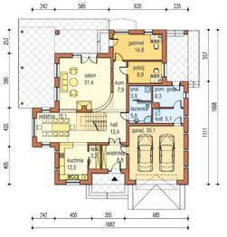 Projekt domu Adam - rzut parteru, dom liczy 5 pokoje, 3 łazienki i wc