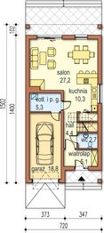 Projekt domu Ester - rzut parteru, dom liczy 3 pokoje, 2 łazienki i wc