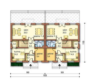 Projekt domu Melka bl - rzut parteru, dom liczy 4 pokoje, 2 łazienki i wc