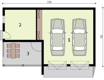 Parter projektu - G314 garaż dwustanowiskowy z pomieszczeniem gospodarczym i werandą