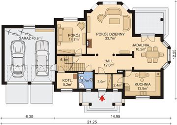Projekt domu APS 089 + 2G - rzut parteru, dom liczy 5 pokoje, 3 łazienki i wc
