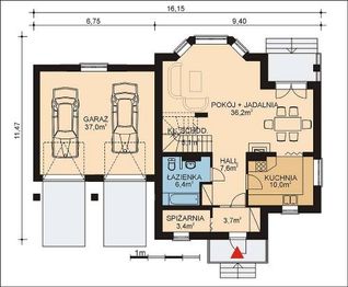 Projekt domu APS 035 + 2G - rzut parteru, dom liczy 3 pokoje, 2 łazienki i wc