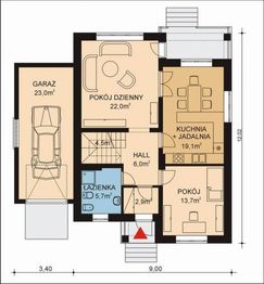 Projekt domu APS 007 + G - rzut parteru, dom liczy 4 pokoje, 2 łazienki i wc