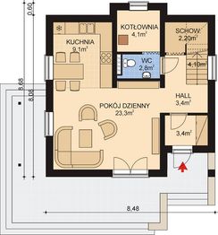 Projekt domu APS 123 - rzut parteru, dom liczy 2 pokoje, 2 łazienki i wc