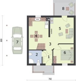 Projekt domu letniskowego Calgary dom letniskowy z poddaszem - rzut parteru, dom liczy 1 pokoje, 1 łazienki i wc