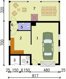 Parter projektu - G121 garaż jednostanowiskowy z werandą i pomieszczeniem gospodarczym