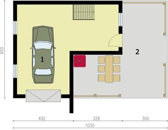 Parter projektu - G194 garaż jednostanowiskowy z werandą i piwnicą