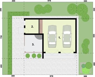 Parter projektu - G255 garaż dwustanowiskowy z pomieszczeniem gospodarczym i altaną