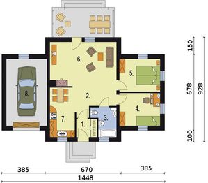 Projekt domu Toledo - rzut parteru, dom liczy 2 pokoje, 1 łazienki i wc