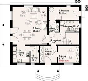 Projekt domu Borków 11 - rzut parteru, dom liczy 5 pokoje, 2 łazienki i wc