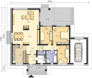 Projekt domu Catania LMB113 - rzut parteru, dom liczy 3 pokoje, 2 łazienki i wc