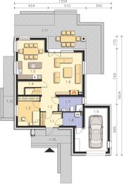Projekt domu Garda DCP310 - rzut parteru, dom liczy 4 pokoje, 3 łazienki i wc