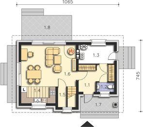 Projekt domu Alamo DCP300 - rzut parteru, dom liczy 3 pokoje, 2 łazienki i wc