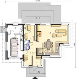 Projekt domu Osborne DCP307 - rzut parteru, dom liczy 5 pokoje, 3 łazienki i wc