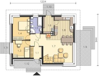 Projekt domu Tivoli LMP305 - rzut parteru, dom liczy 4 pokoje, 2 łazienki i wc