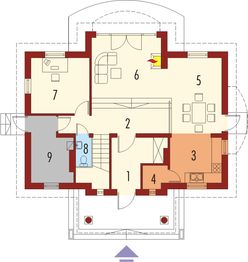 Projekt domu Jędrzej - rzut parteru, dom liczy 4 pokoje, 2 łazienki i wc